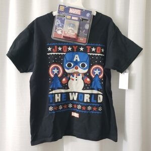 Kids Small Pop Tees Marvel Black Shirt w/ Red White Blue Graphic & Cap Snowman